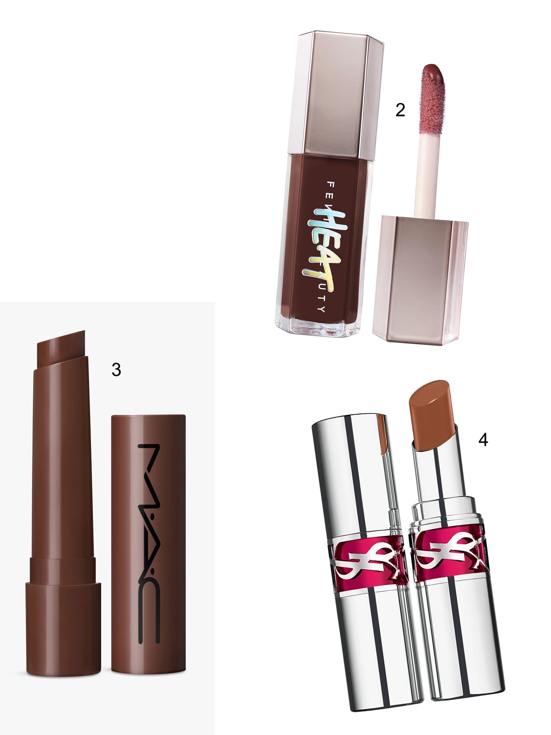cà phê - son Fenty Gloss Bomb Heat, son MAC Squirt Plumping Gloss Stick, son YSL Candy Glaze Lip Gloss Stick
