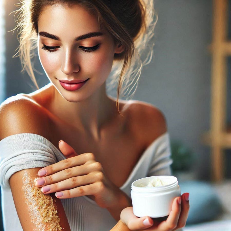 Sau khi tẩy tế bào chết, hãy ngay lập tức thoa kem dưỡng thể hoặc dầu dưỡng để cung cấp độ ẩm và bảo vệ làn da mới