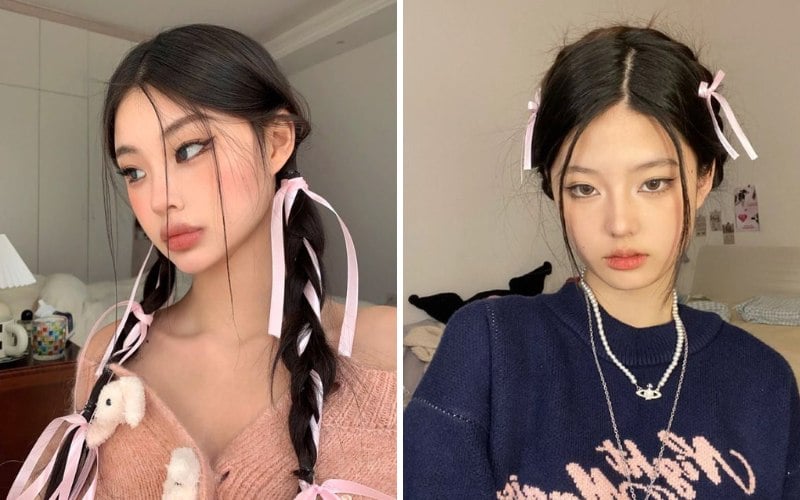 Điểm nhấn của phong cách trang điểm này là búi tóc đính ruy băng và lớp trang điểm tông hồng.