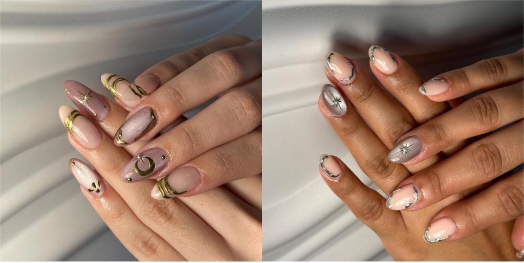 Mắt mèo - nail với họa tiết hình trăng và sao