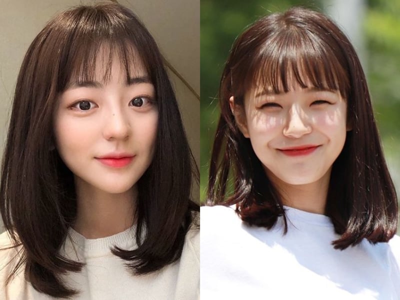 Bạn nên cắt tóc mái bằng không quá dày, hơi lộ trán, giúp tổng thể khuôn mặt trông thon dài hơn.