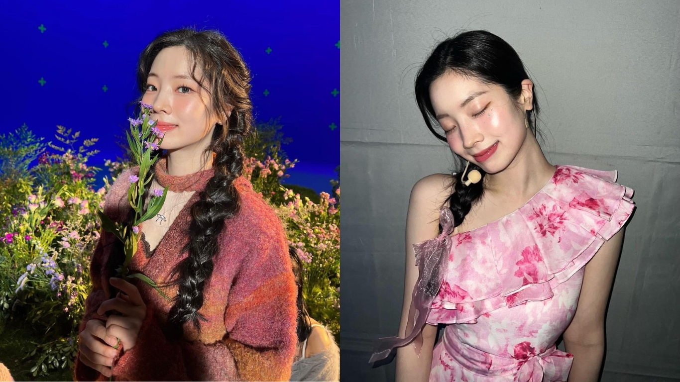 twice - Dahyun mặc áo màu hồng và tạo kiểu tóc tết một bên để chụp ảnh chân dung